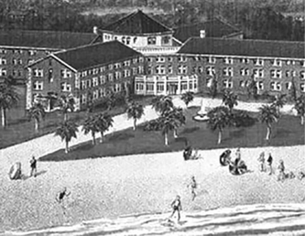 black and white photo of old beach club in Florida