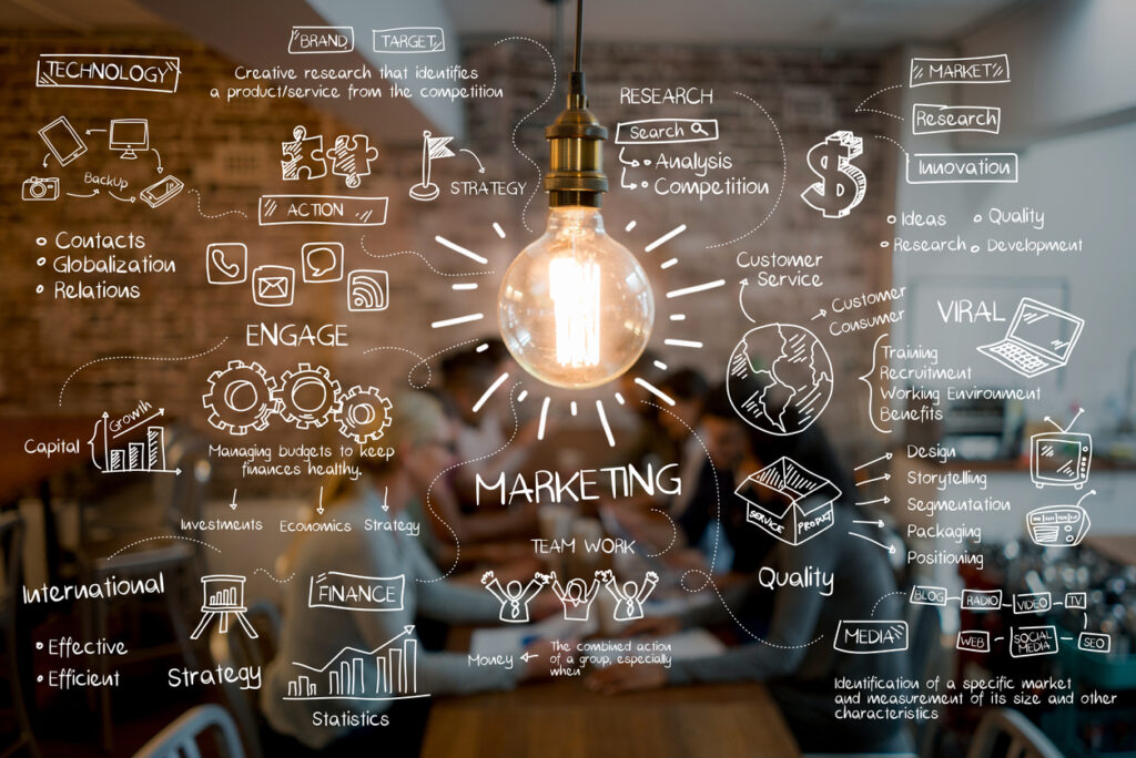 Marketing and PR themed photo displaying a light bulb and terms related to the two industries